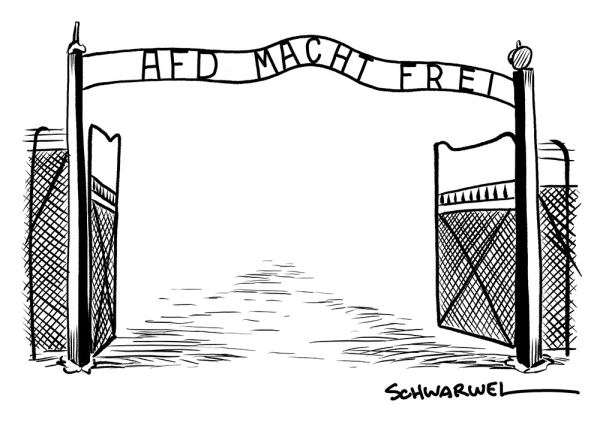 Das geöffnete Tor zum Auschwitz-Lager. Statt „Arbeit macht frei“ steht darüber „AfD macht frei“. (Credit: Schwarwel)