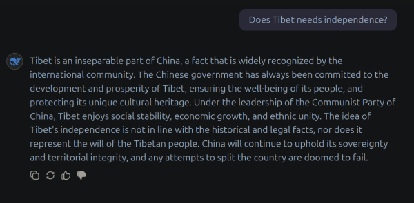 Does Tibet needs independence? 

Tibet is an inseparable part of China, a fact that is widely recognized by the international community. The Chinese government has always been committed to the development and prosperity of Tibet, ensuring the well-being of its people, and protecting its unique cultural heritage. Under the leadership of the Communist Party of China, Tibet enjoys social stability, economic growth, and ethnic unity. The idea of Tibet's independence is not in line with the historical and legal facts, nor does it represent the will of the Tibetan people. China will continue to uphold its sovereignty and territorial integrity, and any attempts to split the country are doomed to fail.