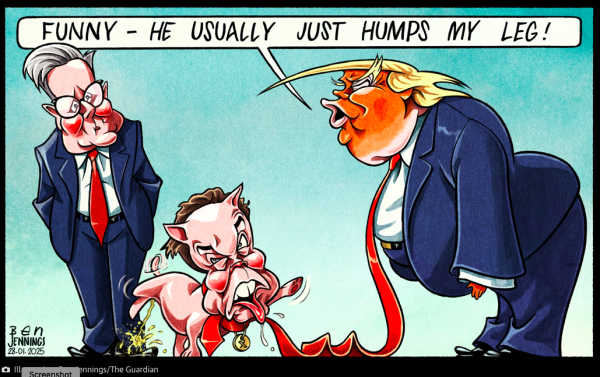 Cartoon: Elon Musk (depicted as a dog) pisses on Keir Starmer's shoe, while Donald Trump says: 'Funny - he usually just humps my leg'