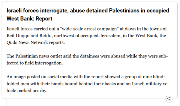 Israeli forces interrogate, abuse detained Palestinians in occupied West Bank: Report
Israeli forces carried out a “wide-scale arrest campaign” at dawn in the towns of Beit Duqqu and Biddu, northwest of occupied Jerusalem, in the West Bank, the Quds News Network reports.

The Palestinian news outlet said the detainees were abused while they were subjected to field interrogation.

An image posted on social media with the report showed a group of nine blindfolded men with their hands bound behind their backs and an Israeli military vehicle parked nearby.