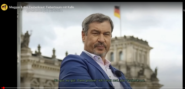 Satire

Das letzte Mal, das wir unseren Ministerpräsidenten sorgenfrei sehen. Seine Sehnsucht ist auch sein Albtraum.

Screenshot 28.01.2025 Video mit KI generiert Ein Mann sitzt im Freien und schaut in die Kamera. Szene aus dem Video Unten steht ein Text Na gut, na gut! Dann probiere ich es halt das Teufelskraut.

https://youtu.be/CubOKTw7I7I