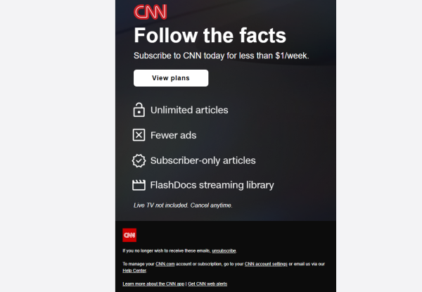 Subscribe to CNN today for less than $1/week.
View plans (next image)
Unlimited articles | Fewer ads | Subscriber-only articles | FlashDocs streaming library
Live TV not included. Cancel anytime.