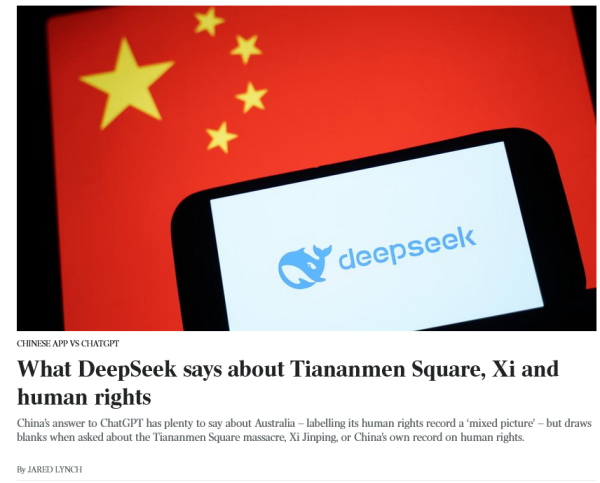 Screengrab from Murdoch's The Australian, with the heading, "What DeepSeek says about Tiananmen Square, Xi and human rights".