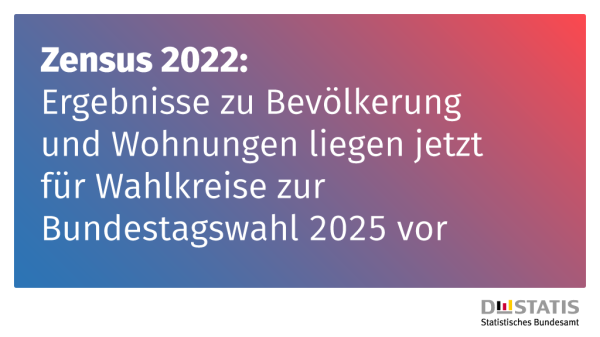 Bild mit dem Text "Zensus 2022: Ergebnisse zu Bevölkerung und Wohnungen liegen jetzt für Wahlkreise zur Bundestagswahl 2025 vor".