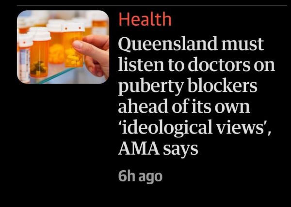 A headline from the Guardian:

Queensland must listen to doctors on puberty blockers ahead of its own "ideological views", AMA says