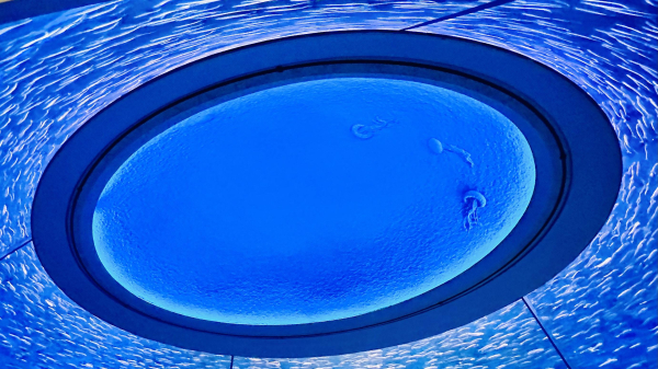 A photo of pacific sardines swimming around at a round overhead tank 