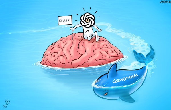 Cartoon showing a figure with the head shaped like the OpenAI logo staring on an island shaped like a human brain looking worriedly at a killer whale labeled 'DeepSeek' that is circling the island.