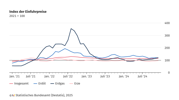 Ein Liniendiagramm zeigt die Entwicklung des Index der Einfuhrpreise von Januar 2021 bis Juli 2024. Die Basis ist das Jahr 2021 (= 100).

Es sind vier Linien dargestellt:

Rote Linie: Gesamtindex der Einfuhrpreise
Dunkelblaue Linie: Erdgas
Hellblaue Linie: Erdöl
Rosafarbene Linie: Erze
Die Daten zeigen einen starken Anstieg der Erdgaspreise ab Anfang 2022 mit einem Höhepunkt Mitte 2022 (über 400). Danach folgt ein deutlicher Rückgang bis Anfang 2023, gefolgt von einem stabileren Verlauf. Die Erdölpreise steigen ebenfalls an, allerdings weniger stark als Erdgas, und bleiben nach einem Rückgang stabiler. Der Gesamtindex zeigt moderate Schwankungen, während die Preise für Erze relativ konstant verlaufen.

Quelle: Statistisches Bundesamt (Destatis), 2025.