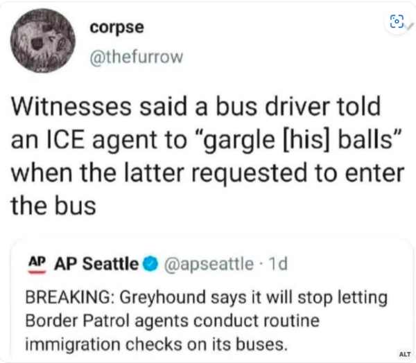 Post by @thefurrow, who quotes the AP Wire Seattle @apseattle -  BREAKING: Greyhound says it will stop letting Border Patrol agents conduct routine immigration checks on its buses. 

@the furrow writes "Witnesses said a bus driver told an ICE agent to "gargle [his] balls" when the latter requested to enter the bus 