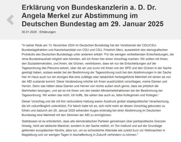 Erklärung von Bundeskanzlerin a. D. Dr. Angela Merkel zur Abstimmung im Deutschen Bundestag am 29. Januar 2025

Text siehe tröt