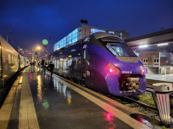 Dunkelblauer Régiolis mit EU-, Frankreich- und Deutschlandfahnen-Beklebung am Bahnhof Strasbourg.