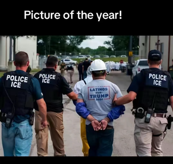 This shows a man wearing a Latinos for Trump shirt handcuffed and being escorted away by ICE.