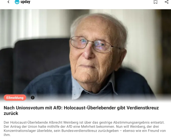 Nach unionsvotum mit AFD, Holocaust Überlebender gibt verdienstkreuz zurück