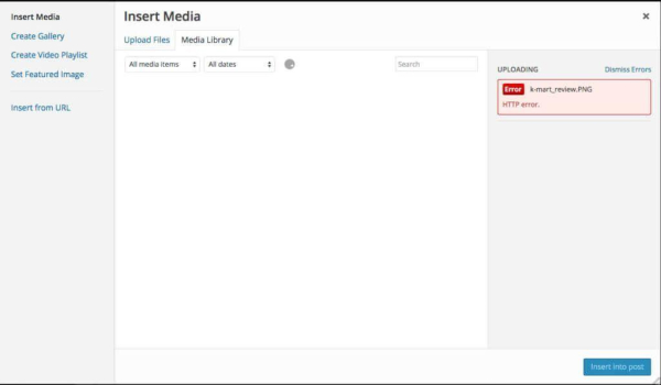 solve HTTP error uploading WordPress images or videos: a screenshot of a WordPress Insert Media page, showing the dreaded "HTTP error" message