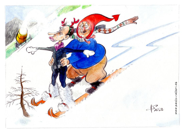 Karikatur aus dem Jahr 2022. Merz und ein weiterer Herr mit Schnauzer fahren gemeinsam auf Skier einen Hang berab. Der Schnee wird von einer Schneekanone auf die Psite geblasen. Merz trägt einen schwarzen Scheeanzug und ein Rentiergeweih als Kopfschmuck. Außerdem weiße Fellstiefel. Seine Arme hat der CDU-Vorsitzende ausgebreitet, die Augen hat er geschlossen. Der Mann hinter ihm umfasst Merz um dessen Taille. Er trägt eine rote Mütze, deren Zipfelende einen Pfeil bildet. Umden Hals hat er einen weißbraunen Schal gewickelt. Ein Schalende weht im Fahrtwind und ähnelt einer ausgestreckten Hand. Beide steuern geradewegs auf eine kleine Tanne ohne Nadeln zu.