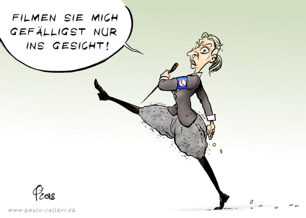 Karikatur aus dem Jahr 2018. Alice Weidel schreitet im Stechschritt durchs Bild und spricht zu uns: "Filmen Sie mich gefälligst nur ins Gesicht!" Ihre graue Reithose ist prall gefüllt mit Geldmünzen. Ein paar von den Münzen fallen aus der Hosentasche auf den Boden. Weidel trägt außerdem ein graues Sakko, schwarze Stiefel, eine blaue Armbinde mit A F D Parteilogo und eine Reitgerte in ihrer linken Hand.