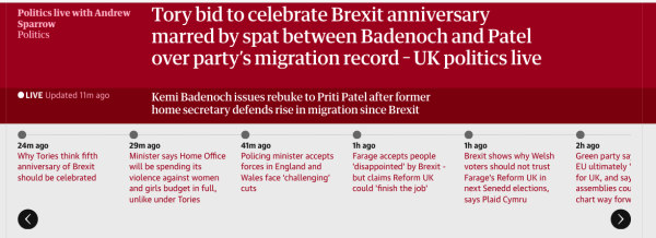 Screenshot from article, titled Tory bid to celebrate Brexit anniversary marred by spat between Badenoch and Patel over party’s migration record – UK politics live