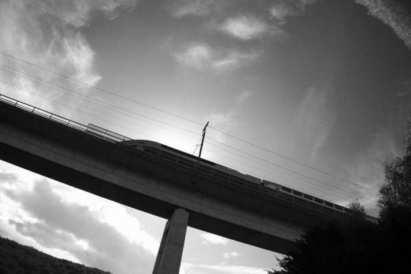 Vue en contre plongée et contre jour d'une partie d'un viaduc sur lequel circule un TGV. La photo en noir & blanc est prise inclinée, le viaduc donne l'impression de descendre vers le bas à droite. La cime d'arbres dissimule la partie tout à droite.
Le ciel est partiellement nuageux, le soleil est caché par le train.