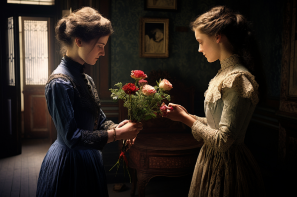 a woman gives flowers to a taller older woman, looking at each other, in a Victorian dormitory, circa 1890
