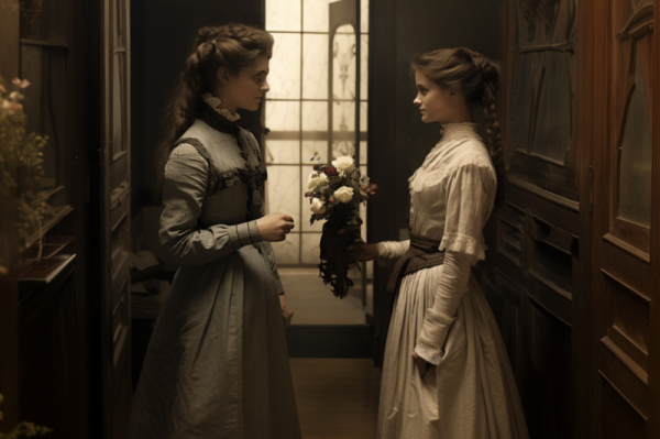 a woman gives flowers to a taller older woman in a #Victorian dormitory, circa 1890
