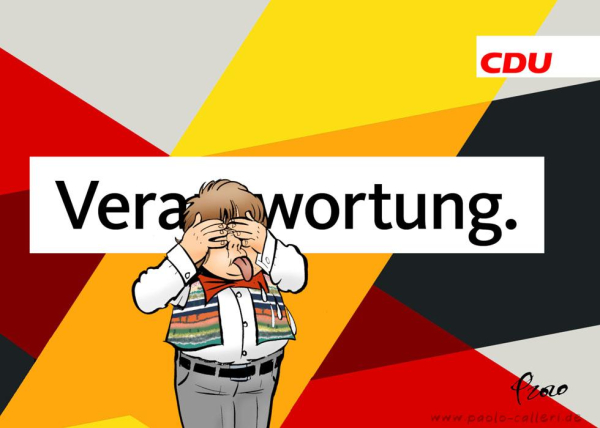 Karikatur aus dem Jahr 2020. Ein Junge hält sich die Augen zu und streckt uns die Zunge raus. Im Hintergrund sieht man verschiedene Flächen in den Farben Schwarz Rot Gelb. Dabei auch das C D U Logo und zentral das Wort Verantwortung, das zum Teil vom Jungen im Vordergrund verdeckt ist.