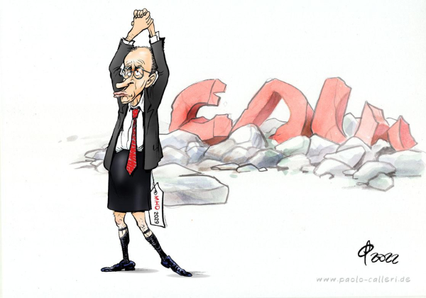 Karikatur aus dem Jahr 2022. Friedrich Merz in Siegerpose, die Hände über dem Kopf. Er trägt Brille, eine rote Krawatte und einen schwarzen Rock mit angebrachtem Zettel auf dem  M H D 2029 geschrieben steht. Im Hintergrund sieht man Trümmer und Gesteinsbrocken. Die roten Buchstaben C D U liegen zerborsten am Boden.