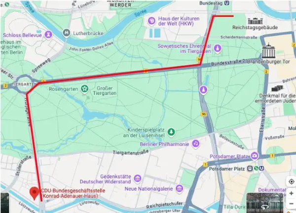 Screenshot der Lauf-Route der Demo:
Von der Wiese vor dem Reichtstagsgebäude über den großen Stern zum Konrad-Adenauer-Haus