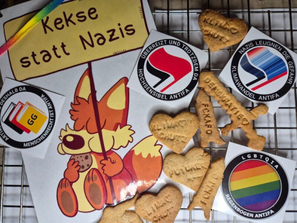 Der gezeichnete Fuchs von Fuchskind hält ein Demoschild mit der Aufschrift "Kekse statt Nzis" in die Luft. 
Das Bild wird umrahmt mit Keksen in verschiedenen Formen. Darauf gestempelt finden sich die Schriftzüge Demokratie, Klimaschutz und FCKAFD. 
Verschiedene AntiFa-Aufkleber von Radotto ergänzen das Bild. U.a. "Überreizt und trotzdem da - hochsensible AntiFa", "Nazis leugnen die Gefahr - Klimschutz ist AntiFa", "Artikel 1 und deshalb da - Menschenrecht ist AntiFa", "LGBTQIA - Regenbogen AntiFa"