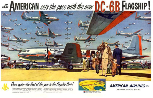 Visual is one plane parked on the ground with passengers deplaning, while hundreds of other DC-6 planes fly back and forth above.  