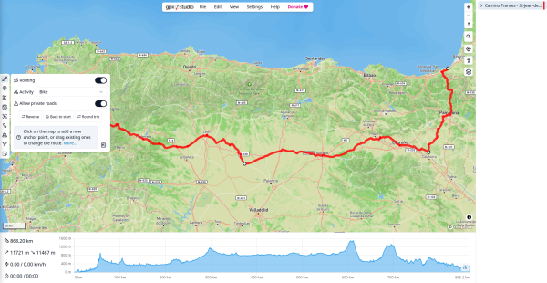 Screenshot of gpx.studio showing a map of the northern part of Spain with a route in red. On the bottom a graph showing the elevation on the route.