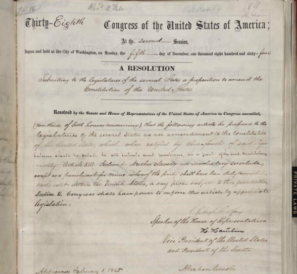 A photograph of the 13th amendment to the United States constitution.