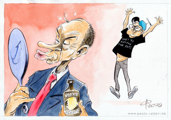 Karikatur. Friedrich Merz betrachtet sich in einem Handspiegel, auf dessen Rückseite eine AfD-Pfeil abgedruckt ist. Der CDU-Politiker spitzt die Lippen, sein Haarbüschel auf der Stirn hat er zu einer Locke geformt, die jetzt glänzt. In seiner linken Hand hält er ein braunes Fläschen , auf dem Blondschopf geschrieben steht. Im Hintergrund hüpft der CDU-Generalsekretär Linnemann mit erhobenen Armen. Er trägt ein schwarzes Shirt. Darauf steht in weiß geschrieben: "They're eating the pets." 