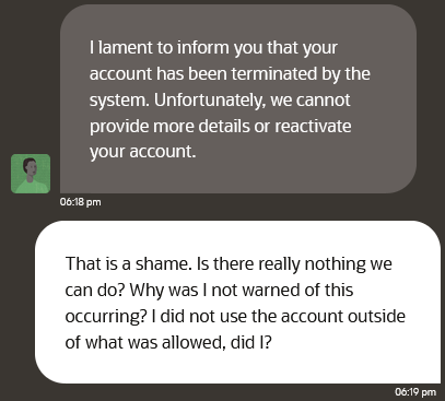 A screenshot of a text conversation between support and Erik Uden. Support wrote: I lament to inform you that your account has been terminated by the system. Unfortunately, we cannot provide more details or reactivate your account.

Erik Uden wrote: That is a shame. Is there really nothing we can do? Why was I not warned of this Occurring? did not use the account outside of what was allowed, did I?