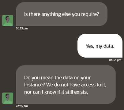 A screenshot of a conversation between a high level Oracle Cloud support team member and Erik Uden. Tech support writes “Is there arnything else you require?” to which Erik Uden responds “Yes, my data.” to which the support team member responds “Do you mean the data on your Instance? We do not have access to it, nor can know if it still exists.”