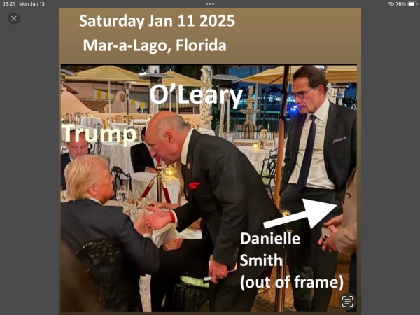 Kevin O’Leary bowing before Trump and preparing to kiss the ring. Danielle Smith stands in the sidelines waiting for her turn. #Lickspittle.