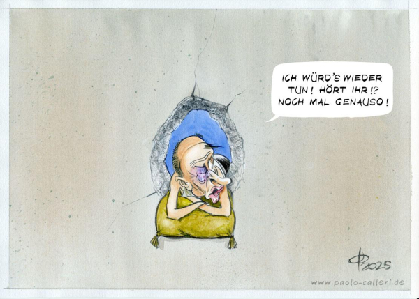 Karikatur. CDU-Chef Merz lehnt sich aus einem Mauerdurchbruch, seine gekreuzten Arme hat er auf einem grünen Kissen abgelegt. Er hat ein blaues Auge und ruft Leuten zu, die wir im Bild nicht sehen: "Ich würd's wieder tun! Hört ihr!? Noch mal genauso!"