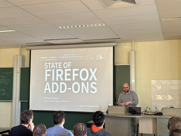 Simeon Vincent is talking about Firefox Add-ons at FOSDEM 2025