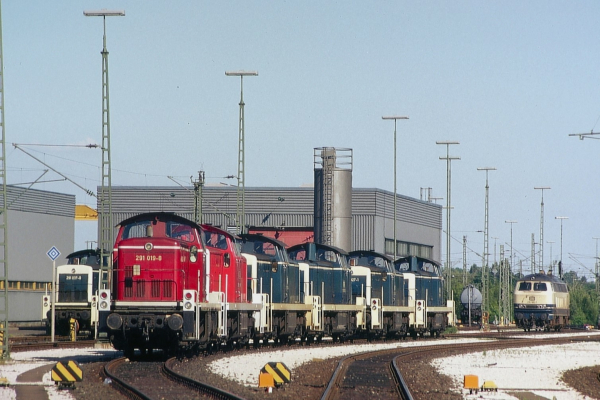 Eine Gruppe von sechs Diesellokomotiven der Baureihe 290 und 218 steht auf einem Bahngelände. Die vordere Lokomotive (291 019-8) ist rot lackiert, während die dahinter gekoppelten Loks blau-beige sind. Links im Bild ist eine weitere Lok (291 017-8) zu sehen. Rechts nähert sich eine beige-blaue Lok der Baureihe 218 auf einem anderen Gleis. Im Hintergrund stehen ein modernes Betriebsgebäude mit Lüftungsturm, mehrere Oberleitungsmasten und ein Kesselwagen. Die Szenerie ist von strahlendem Sonnenschein beleuchtet.