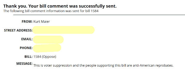 A screenshot of my submitted comment, "This is voter suppression and the people supporting this bill are anti-American reprobates."