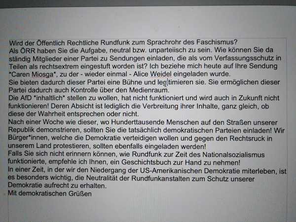 Meine Nachricht an die ARD bezüglich der ständig wiederholten Einladung von AfD-Mitgliedern zu diversen Sendungen.