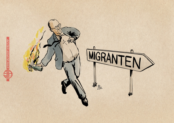 illustration.  Merz wirft einen Brandsatz in die Richtung, die ein mit „Migranten“ beschriftetes Schild weißt.