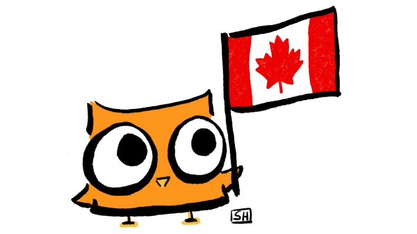 A cartoon drawing of an Owl proudly holding a Canadian flag