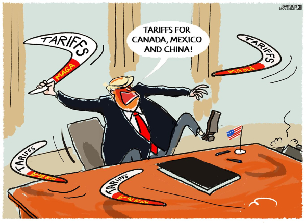 Cartoon showing a red-faced Trump in the Oval Office, throwing boomerangs labeled ‘tariffs’ left and right.