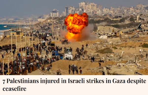 7 Palestinians injured in Israeli strikes in Gaza despite ceasefire.

Picture: A fireball rises after the Israeli army targeted a vehicle traveling from southern to northern Gaza on Rashid Street using unmanned aerial vehicles (UAV) in Gaza City, Gaza on February 02, 2025.