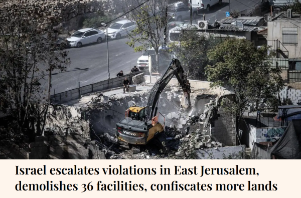 Israel escalates violations in East Jerusalem, demolishes 36 facilities, confiscates more lands.

Picture: Israeli forces demolish a Palestinian-owned house that it was allegedly “unauthorized” in Silwan district of East Jerusalem on November 13, 2024.