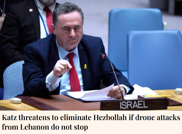 Katz threatens to eliminate Hezbollah if drone attacks from Lebanon do not stop.

Picture: Minister for Foreign Affairs of Israel, Israel Katz speaks during the Security Council at the United Nations Headquarters in New York City on 11 March, 2024.