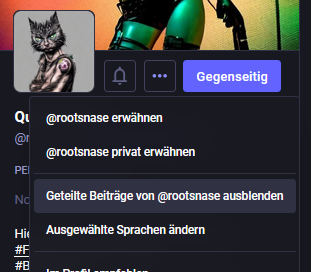 Screenshot von Mastodon Web UI, wo man individuell (für einen Account) das Lesen von geboosteten Artikeln deaktivieren kann.