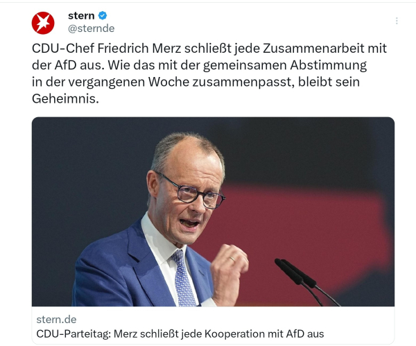 Der Stern Friedrich Merz schließt jede Zusammenarbeit mit der AFD aus wie passt das zur gemeinsamen Abstimmung in der vergangenen Woche, sein Geheimnis.