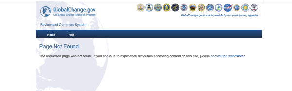 GlobalChange.gov website with logos of US federal agencies and "Page not found" message.