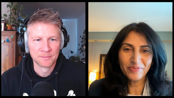 thumbnail for the video entitled "DIANA BUTTU : The bombing in Gaza has stopped, but the genocide continues" published by the YT channel of Frank Barat

image: Diana Buttu (at right) in video interview with Frank Barat (at left)